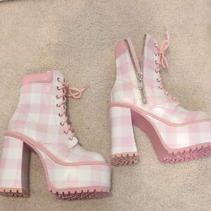 Pink and White Gingham Heeled Boots